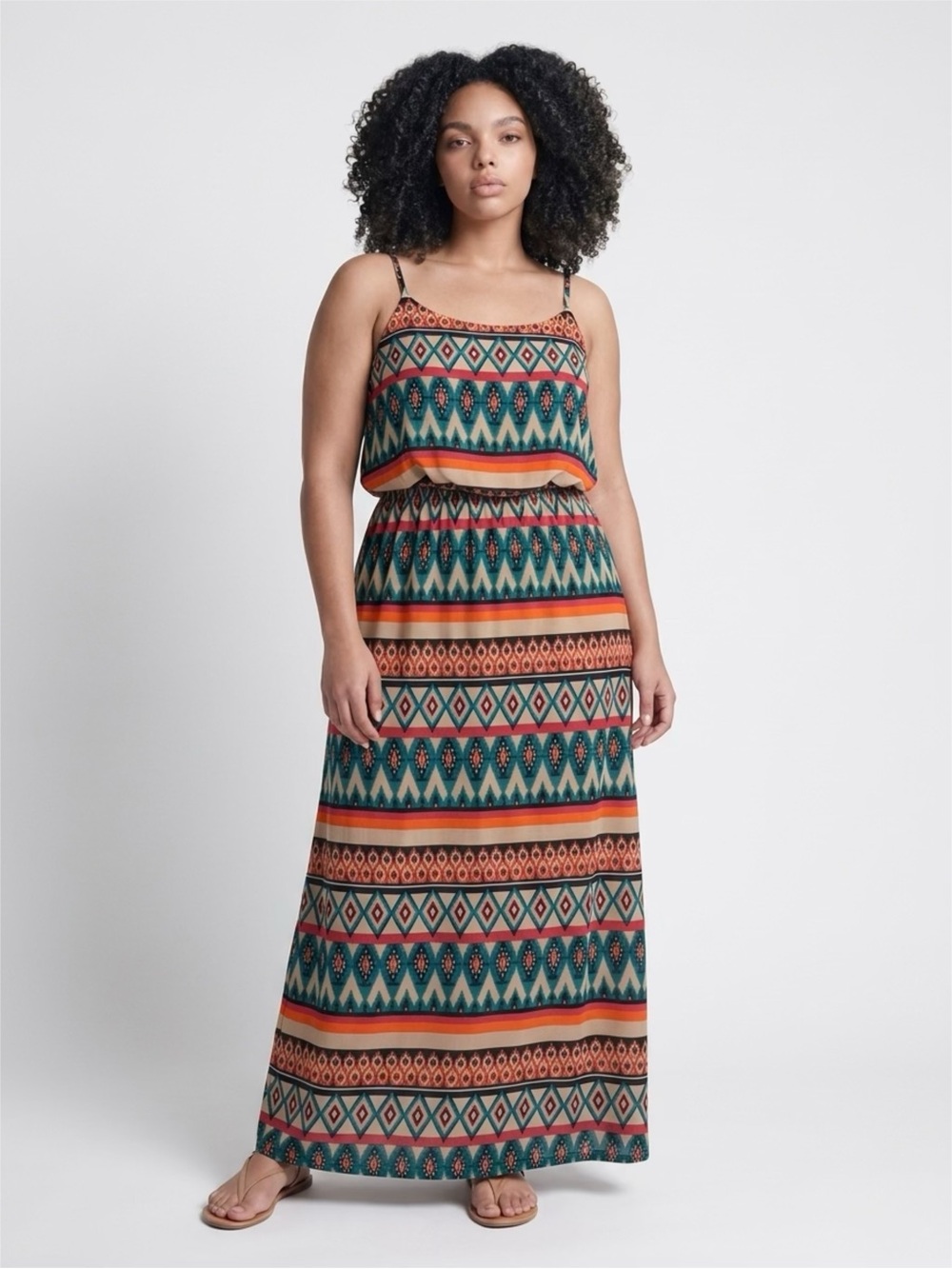 By & By Boho Aztec Geometric Print Blouson Maxi Dress M Teal Orange Tribal EUC